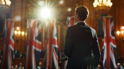 Naklejka premium YO Representative speaking at press conference in government building. Press officer addressing summit audience. Minister speaking to Congress. Backdrop with Great Britain flags.