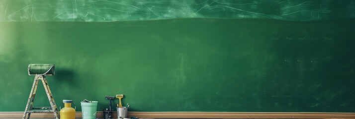 A clean green chalkboard with cleaning supplies at the bottom is ready for writing