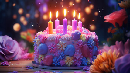 A birthday cake with flower decorations and colorful candles and a hearts of light on the background