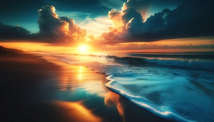 A beach at twilight with wet sand
