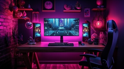 A gaming room setup with a computer that has one screen a eccentric and dark room with neon light as light source overview of the room