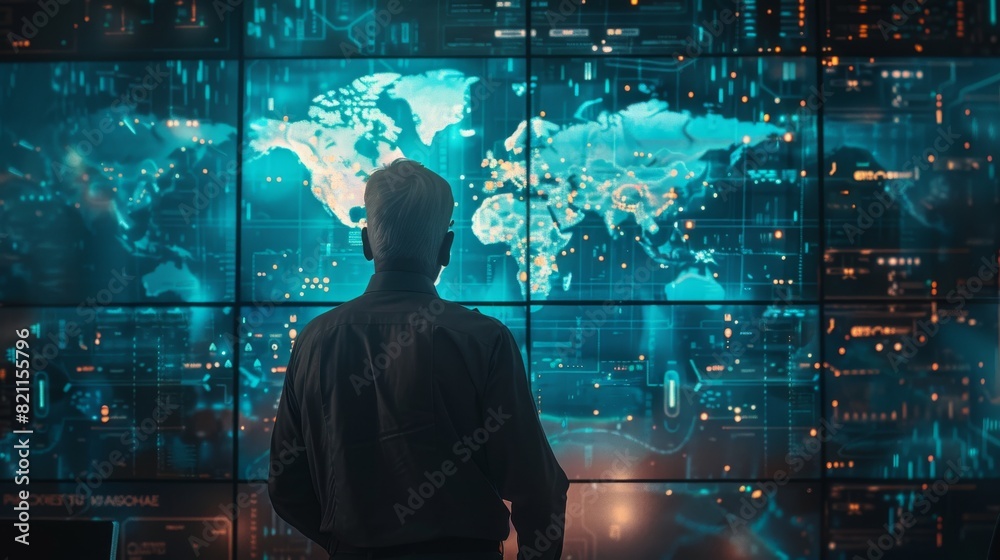 Poster an engineer looking at a big screen displaying a global map and data points from a telecommunication