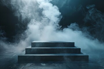 Smoke billowing from a set of steps in a dark room
