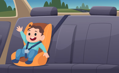 Kids travelers. Transport with safety baby car seat exact vector cartoon background