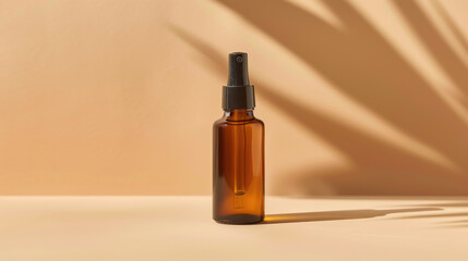 Fototapeta premium Glass amber pump bottle for skincare on beige background with soft lighting and shadows. Ideal for product advertisements, online stores, beauty blogs, banners, and copy space for marketing materials