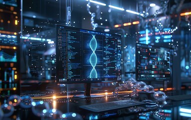 Produce a detailed image of a cuttingedge bioinformatics lab with computers analyzing DNA sequences and 3D genome models