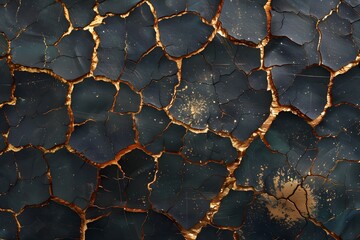Close up of cracked surface with gold paint