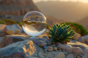 A glass ball on a rock with a plant