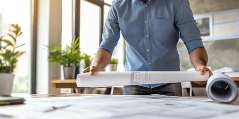 A professional architect unrolling building plans on a desk filled with drafting tools and office plants
