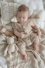 A baby sleeping with a stuffed toy on a bed