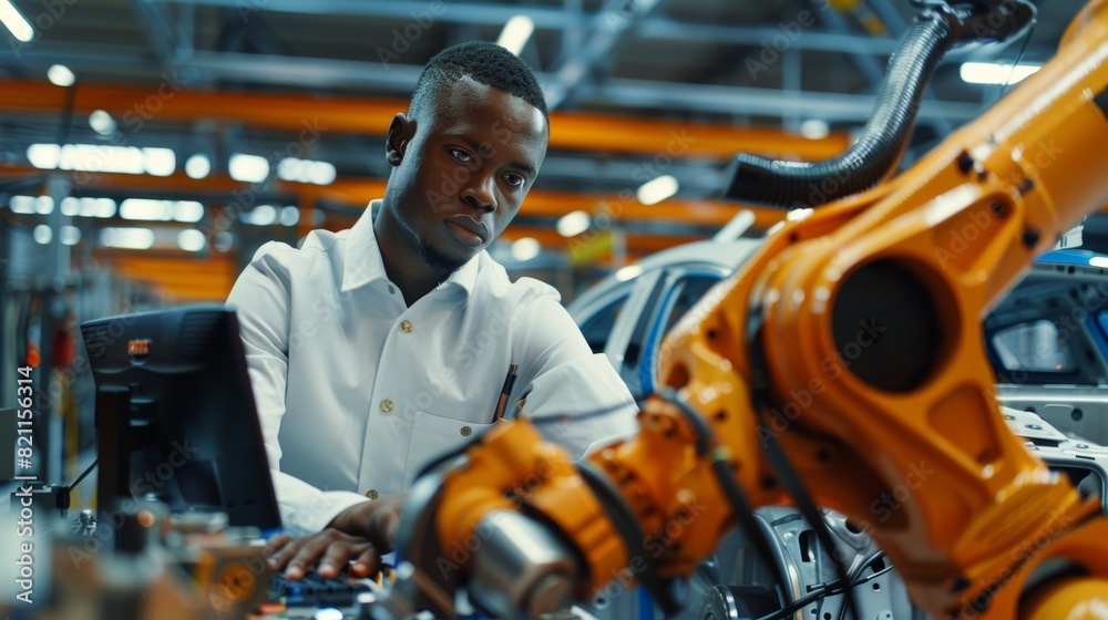Poster an automated robot arm assembly line manufacturers high-tech electric vehicles. expert technician in