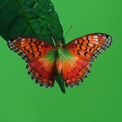 A colorful butterfly is perched on a green leaf