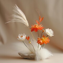 A vase with white flowers and orange flowers with a feather on top