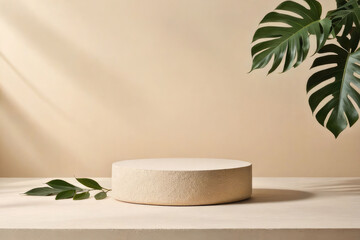 Premium quality Minimal product display neutral beige color shadows and podium background. 3d rendering, Ai Generative