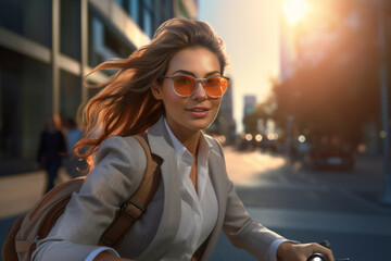 A beautiful adult of Caucasianformal woman riding her bicycle to work, a frontside portrait of a woman commuting on a bicycle on a sunny day in an urban street at sunset - Powered by Adobe