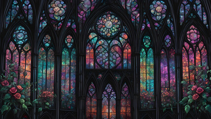 Obraz premium A gothic cathedral with intricate stained glass windows.