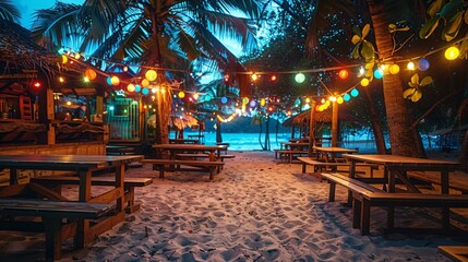  beach restaurant, coconut trees, wooden benches, colorful serial lights 