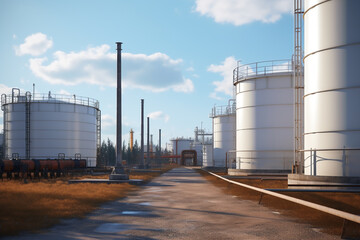 Obraz premium Medium shot of oil and gas terminal storage tanks of industrial plant or industrial refinery factor with a clear sky at midday or noon; in a forest environment the future of energy