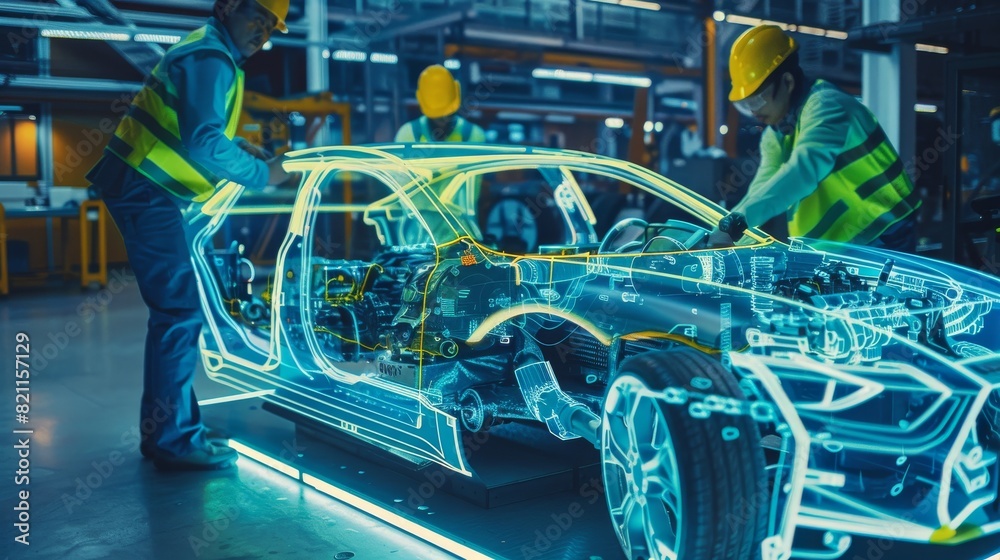 Poster using augmented reality hologram to model high-tech electric vehicle optimizing engine: diverse team