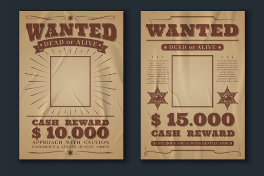 Crumpled wanted posters. Wild west vintage banner, empty space for photo, western style, Texas robber hunt retro message criminal flyer, dead or alive. Background paper texture. Vector set
