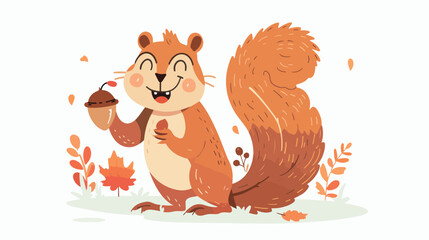 Cute happy squirrel smiling with teeth holding acorn