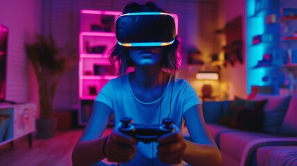 Fototapeta premium Young female gamer with short hair playing virtual reality game in her living room while wearing a modern headset and using a controller.