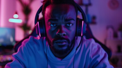 Gaming at Home: Gamer Playing Online Video Game on Computer. Close-Up Portrait of Stylish Male in Headphones Enjoying Leisure Time, Talking with Players on Mic. Retro Gaming Fun Stylish Neon Room.