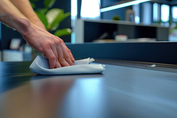 cleaner's hands wiping down a desk with a cloth in an office