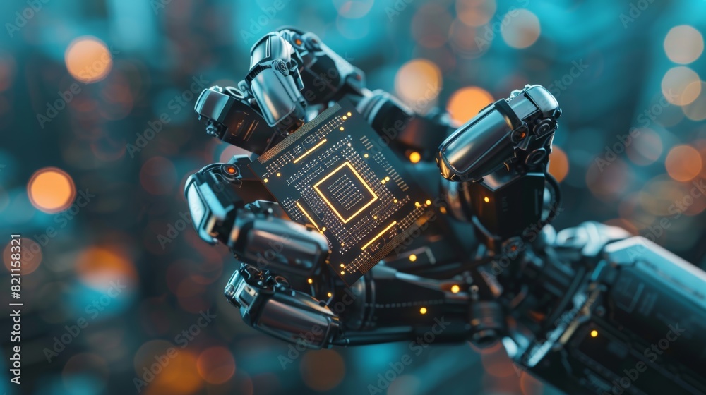 Poster the futuristic technology concept depicts a modern robotic arm holding an advanced supercomputer pro