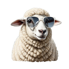 black and white sheep with sunglasses isolated on a transparent background