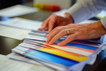employee's hands organizing slides and documents for a presentation in a meeting room