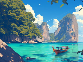 A serene tropical scene features a traditional long-tail boat floating on clear turquoise water, surrounded by lush, green-clad limestone cliffs under a vibrant blue sky