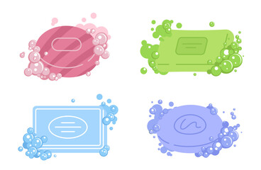 Cartoon slump soap with bubbles. Flat mini compositions with detergent, body hygiene and beauty cosmetic products, washing and cleaning, foam bath, antibacterial dirt clean nowaday vector set
