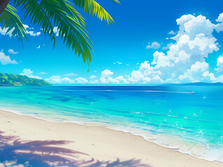 A breathtaking tropical beach with soft, white sand, crystal-clear turquoise water, and gentle waves