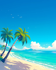 A stunning tropical beach scene with golden sand, clear turquoise waves, and gently swaying palm trees. The sky is a vivid blue, adorned with fluffy white clouds and a few seagulls soaring high