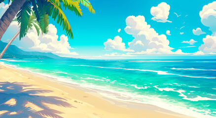 A picturesque tropical beach with golden sand, clear turquoise waves gently lapping at the shore, and lush palm trees providing shade. The sky is bright blue, filled with fluffy white clouds