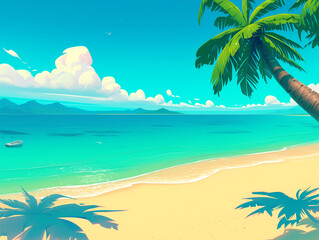 A tranquil tropical beach scene featuring a pristine sandy shore, clear turquoise waters, and a solitary boat floating nearby. Tall palm trees frame the foreground