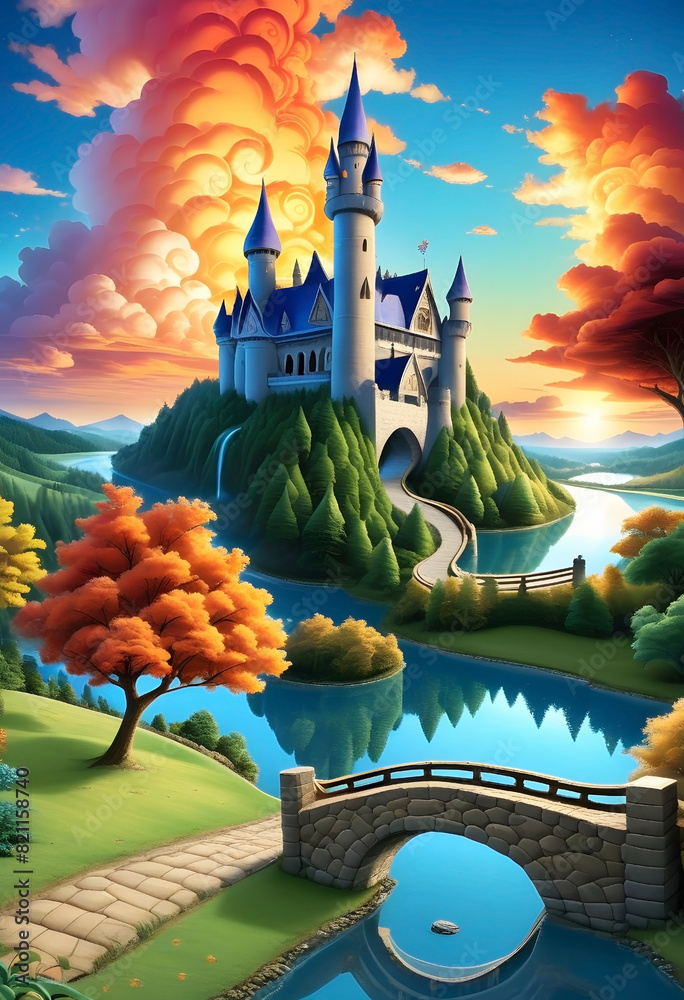 Wall mural a picturesque view of a fairytale castle surrounded by water and trees in front of it.