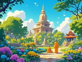 Two Buddhist monks in orange robes in a lush garden filled with vibrant flowers