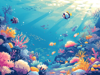 A colorful underwater scene with various fish swimming among vibrant coral reefs. Sunlight penetrates the clear blue water.