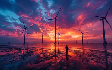 Create a vivid scene of an offshore wind farm with wind turbines standing tall against a dramatic sunset sky