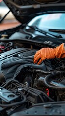 Cleaning the car engine with a microfiber cloth 