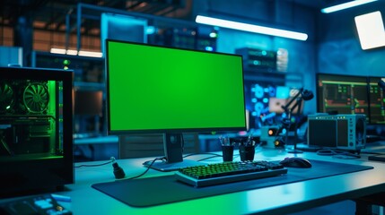 Fototapeta premium Industrial Research Center with Desktop Computer for Green Screen Mock Up Display. Scientific Lab, Engineering Research Center with High-Tech Equipment, Robot Development Technology.