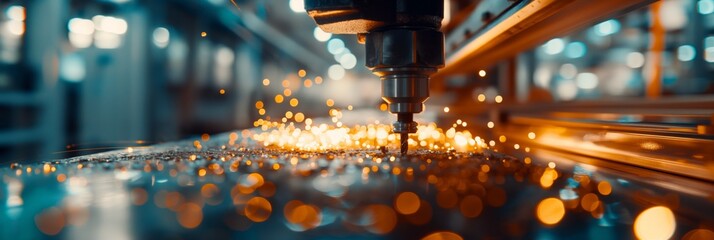 Precision machinery CNC machine in action, sparks from metal milling process