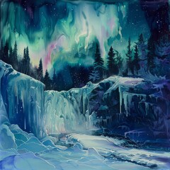 A painting of a frozen waterfall with a blue sky and stars in the background