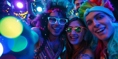 A group of young adults wear colorful costumes and glasses, enjoying a festive atmosphere with lights