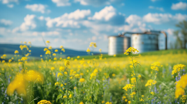 A beautiful field of yellow flowers stretches out under a blue sky with fluffy clouds, with industrial silos in the background, symbolizing the connection between nature and biofuel production
