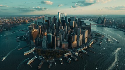 Panoramic view cityfrom an Aerial Helicopter. Aerial photo of the Business District with light-filled buildings and offices.