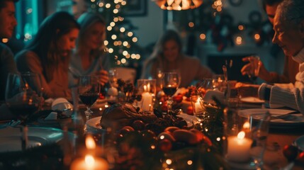 There is a diverse group of relatives and friends gathered around a dining table with delicious meals and festive decorations. The senior woman is bringing a delicious grilled chicken, creating a - Powered by Adobe