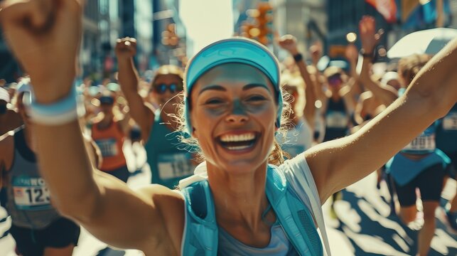 Runners celebrating their victory and achieving their goals after completing a city marathon. Diverse race runners reach the finish line and celebrate their victory. - Powered by Adobe